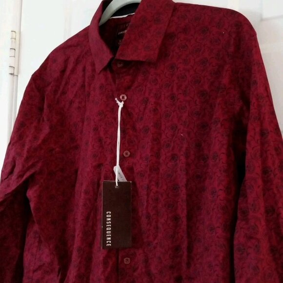 Consequence Red Button Up Shirt Floral Paisley Slim Fit Men’s Large Long Sleeve - Picture 4 of 10